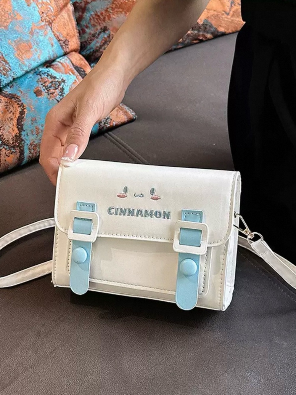 Cinnamon Small Crossbody Bag in White with Light Blue Accents - Picture 2 of 2